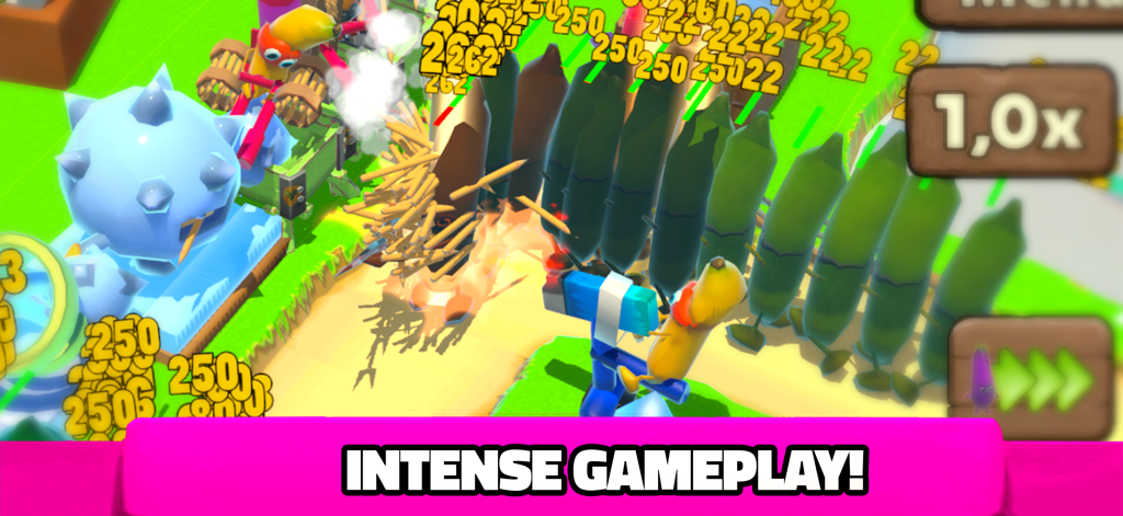 Fruits vs Vegetables - Intense tower defense battle scene in the Fruits vs Vegetables mobile game showing fruit heroes defending against vegetable enemies.
