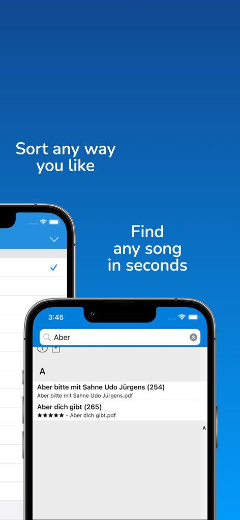 SongBook+ - Interfaz de la aplicación SongBook+ destacando sus funciones rápidas de búsqueda y ordenación de canciones.