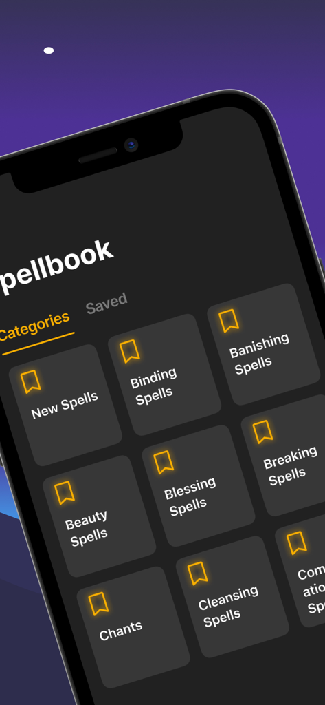 Witchcraft & Wicca Knowledge - Smartphone screen displaying the spellbook category section of the Witchcraft and Wicca Knowledge app with various spell types