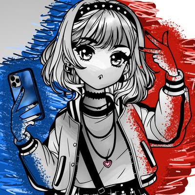 beautiful manga girl with phone and selfie doing the girl power sign and wearing really trendy clothes with cool hair
