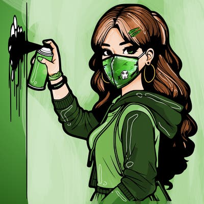 realistic girl with mask spray painting a wall