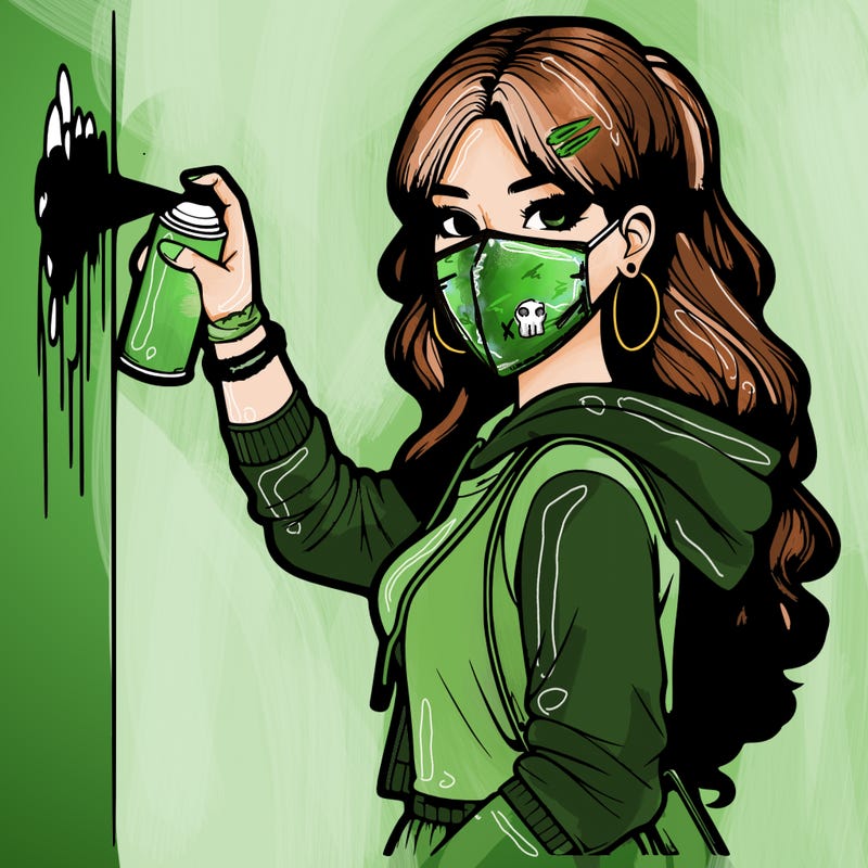 realistic girl with mask spray painting a wall