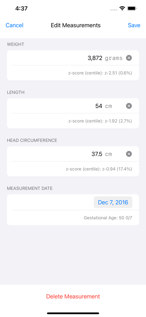 Preterm Growth Tracker - Edit measurements screen in the Preterm Growth Tracker app showing weight length and head circumference data