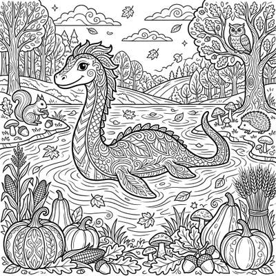 Embark on an artistic journey with this delightful coloring page, where the mysterious Loch Ness Monster enjoys a swim amidst a vibrant autumn landscape. Discover charming harvest elements and playful woodland creatures as you bring this unique fall scene to life with your favorite colors.