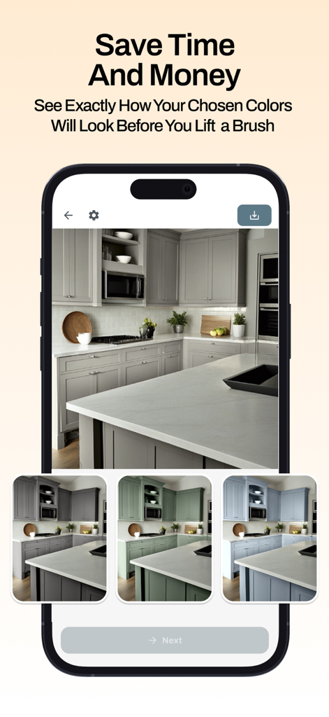 Paint AI - Color Visualizer - KI-Mobile-App, die verschiedene Farboptionen für Küchenschränke zeigt, um Zeit und Geld bei der Heimrenovierung zu sparen