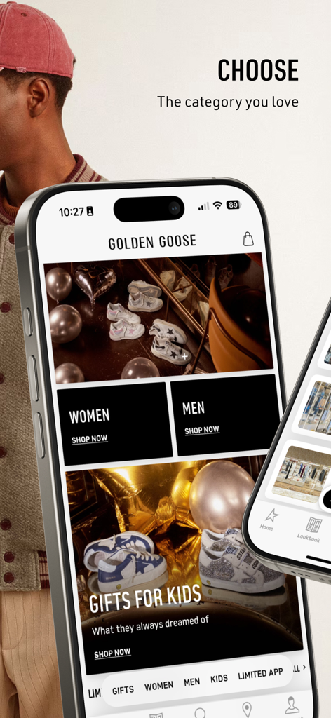 Golden Goose - 女性、男性、子供向けのショッピングカテゴリーが表示されたゴールデン グースアプリのホームページを表示するスマートフォン