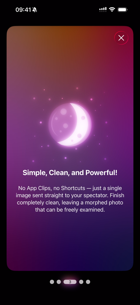 PhotoMorph - A promotional screen for the PhotoMorph app with a glowing moon icon explaining how to perform clean magic tricks on a spectator's device.