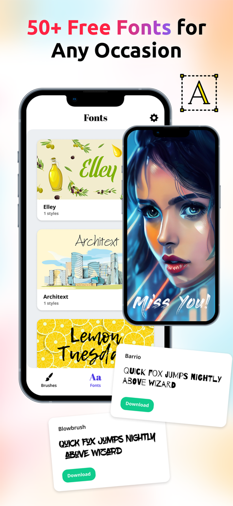 Brushes for Procreate: Art Set - A mobile app interface displaying a collection of free fonts for digital art