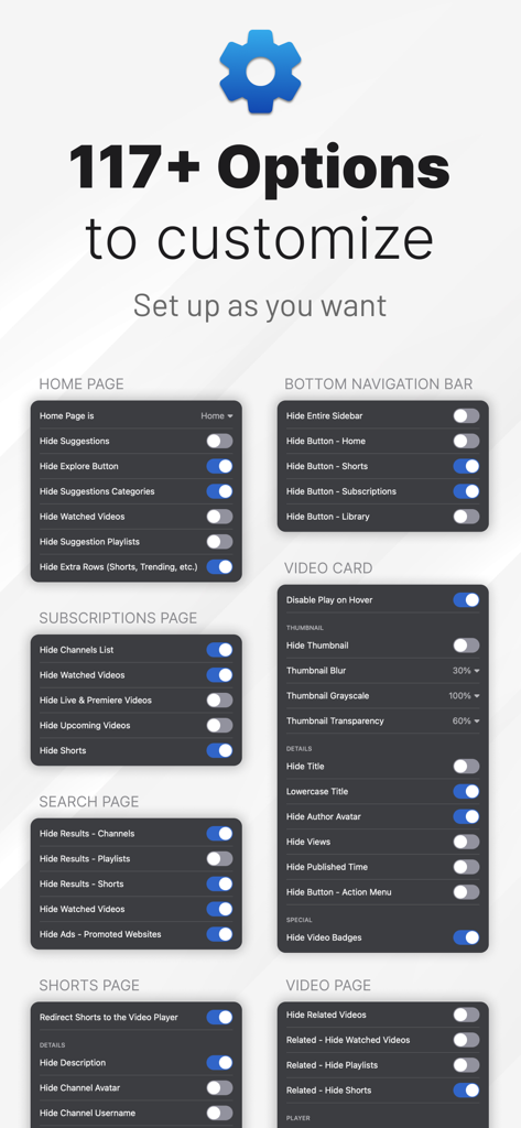 Dashboard showing over 117 options to customize and remove distractions from YouTube using UnTrap