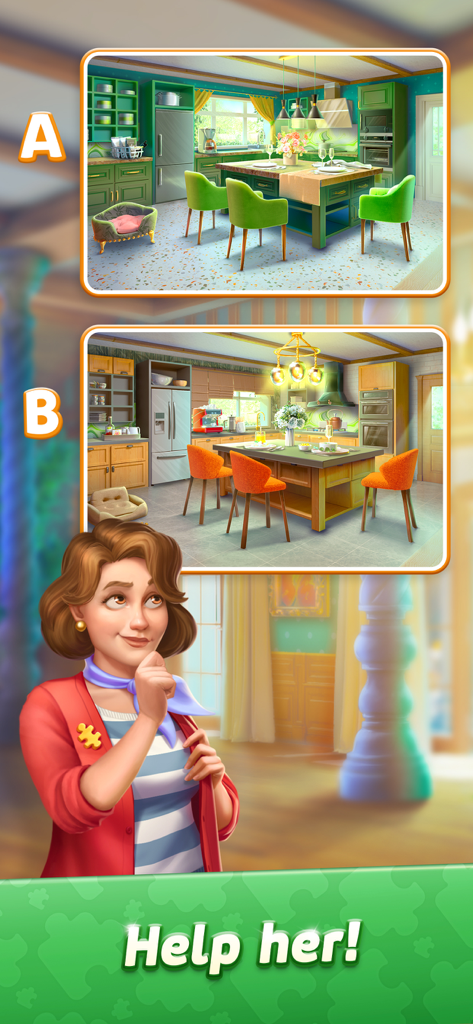 Puzzle Villa: Jigsaw Games - Justine wählt zwischen zwei Küchenrenovierungsdesigns in Puzzle Villa