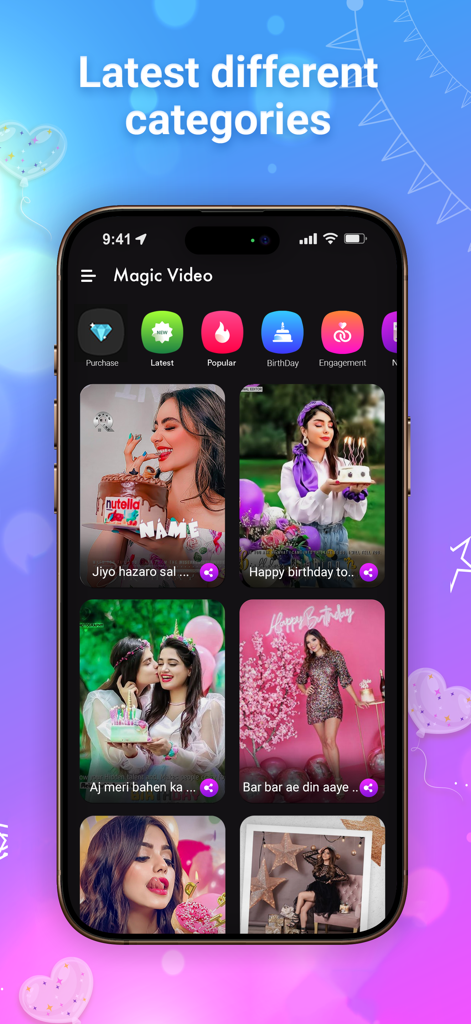 Birthday Video - Interface of the Birthday Video Maker app displaying various birthday video categories and templates on a smartphone screen.