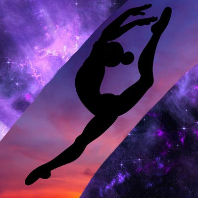 gymnast doing a leap in a leotard with a bent back leg