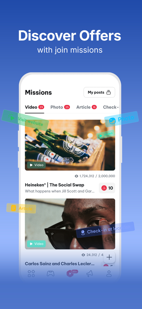 ATOK - ATOK app missions interface showing reward based video and photo offers