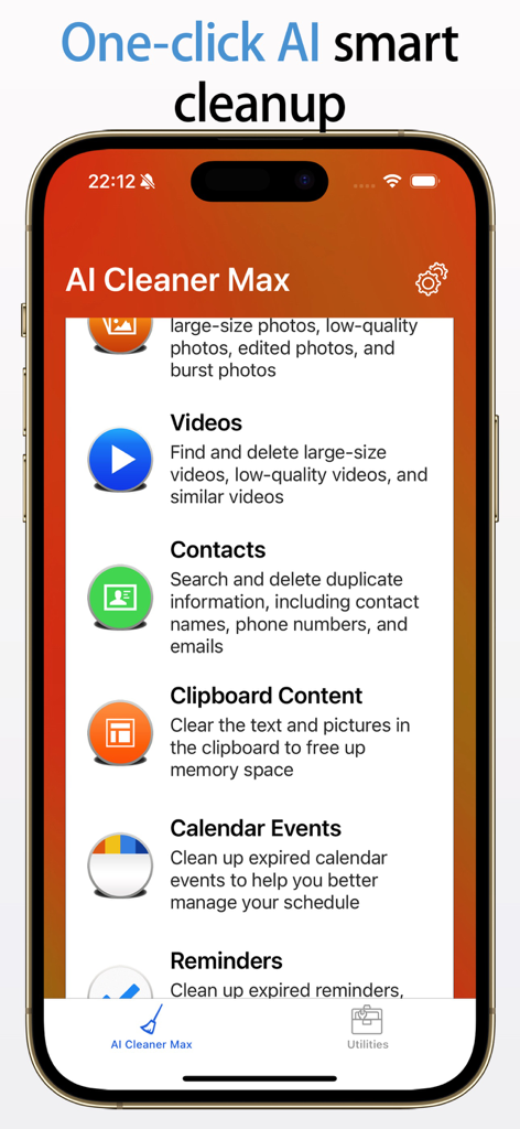 AI Cleaner Max-Clean Up Device - AI Cleaner Max 앱 인터페이스: 동영상, 연락처, 일정 이벤트에 대한 스마트 정리 옵션 표시
