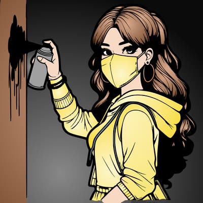 realistic girl with mask spray painting a wall
