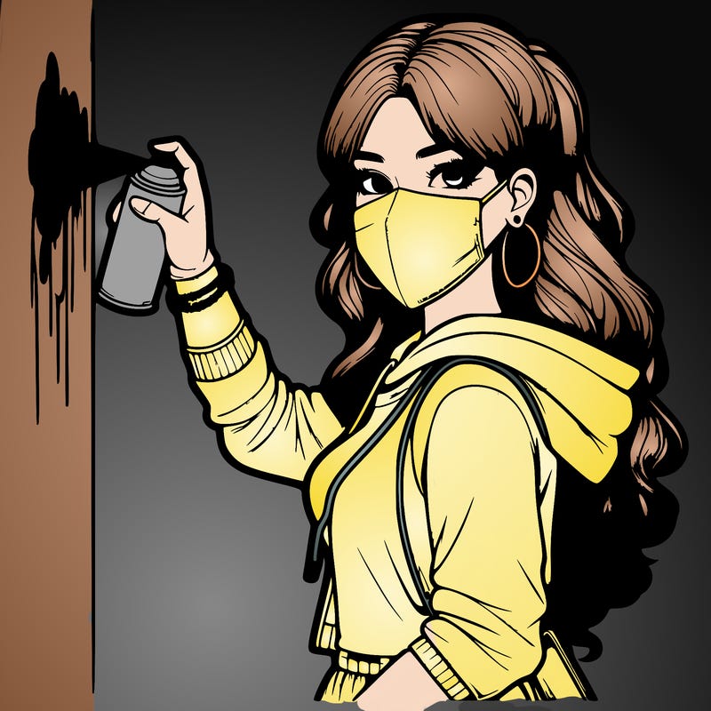 realistic girl with mask spray painting a wall