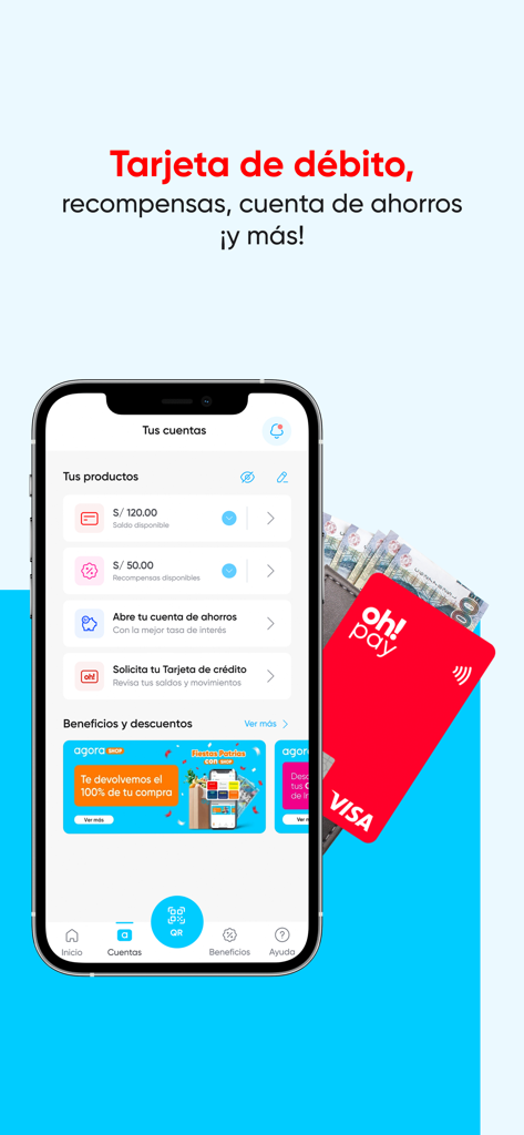 Interfaz de billetera digital de la app Agora mostrando saldo y tarjeta de débito oh pay