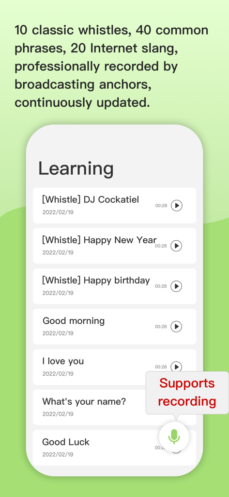 BirdTalker-Teach bird to talk - Interfaz de la aplicación BirdTalker que muestra una lista de silbidos y frases para entrenar pájaros a hablar
