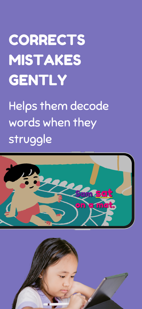 Learn to Read: Wild Phonics - Una niña usando la aplicación Wild Phonics que ayuda a los niños a decodificar palabras y corrige suavemente los errores de lectura