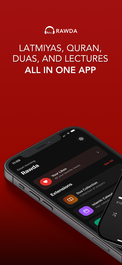 Rawda - Shia Spiritual Audio - Rawda app interface featuring Latmiyas, Quran, Duas, and lectures in an all-in-one spiritual audio player.