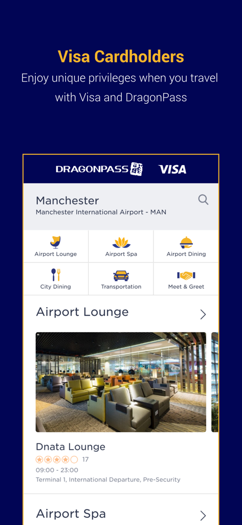 Interfaccia dell'app Visa Dine and Travel che mostra opzioni di lounge aeroportuale, spa e gastronomia per i titolari di carte premium