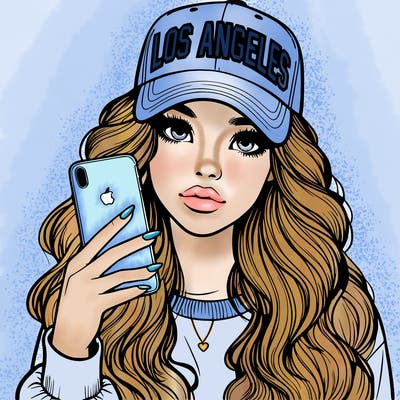 realistic beautiful girl wearing los ángeles cap holding an iphone
