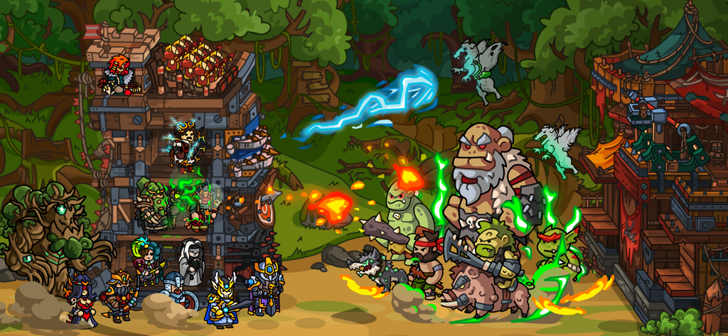 Heróis em uma torre multinível defendem contra um exército de orcs e monstros em uma floresta.