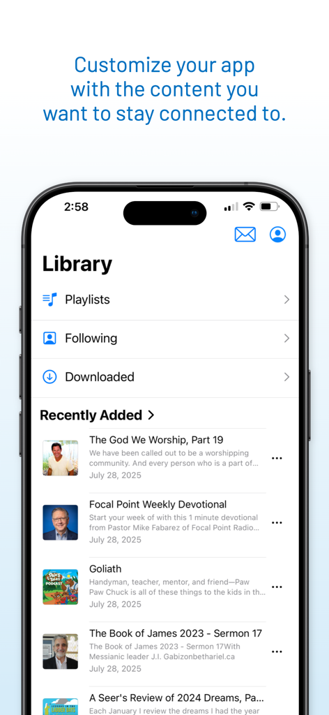 Interface of the OnePlace Christian Podcasts app library showing options for playlists, following, and downloaded content.