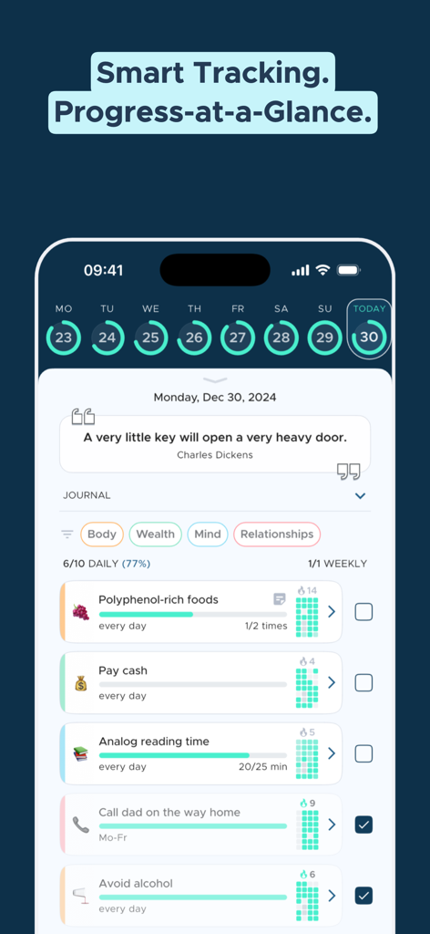 glue - new habits that stick - Glue app daily habit tracker interface showing progress grids and categories like body wealth and mind