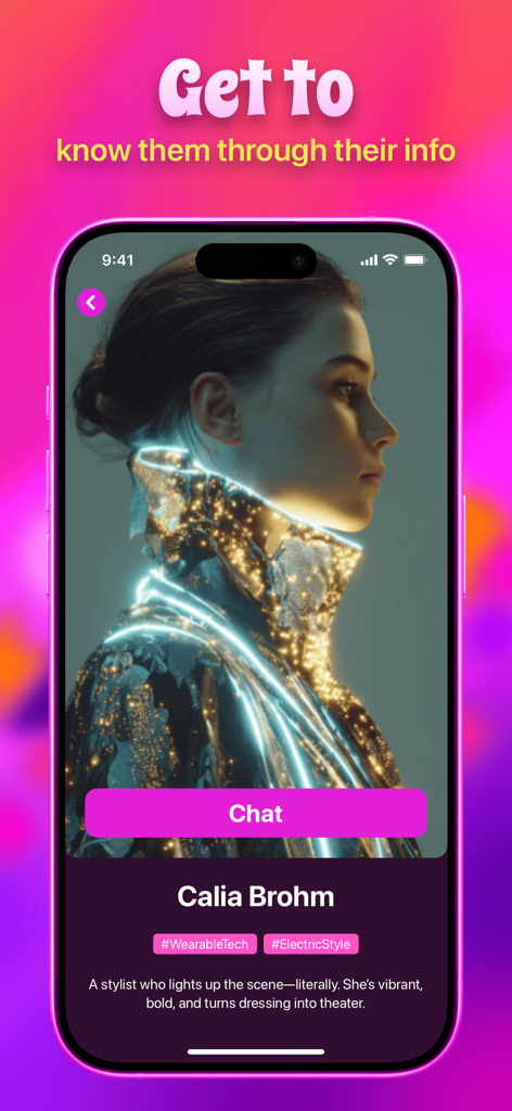 Frenzo - Chat, Connect & Cheer - A profile screen of an AI character named Calia Brohm in the Frenzo app with a chat button