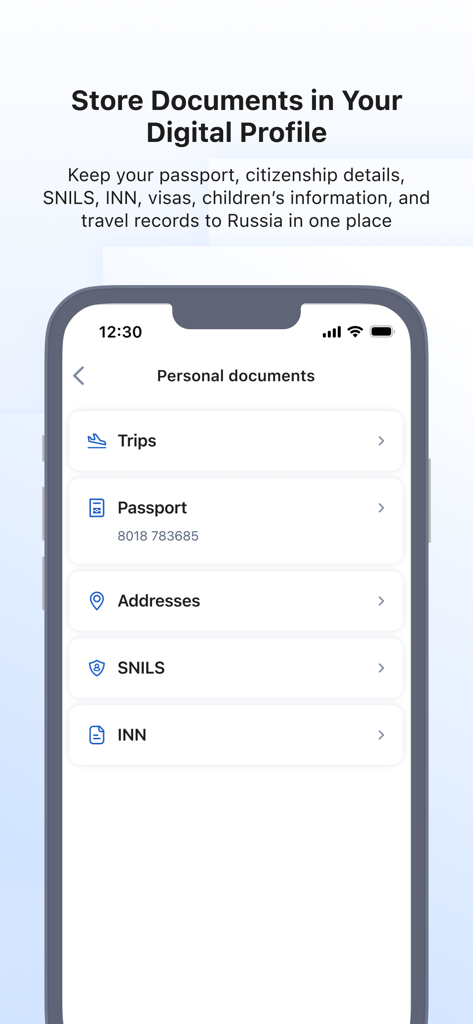 ruID - A smartphone screen displaying the Personal Documents section of the ruID app where users can manage their passport, trips, and official IDs.