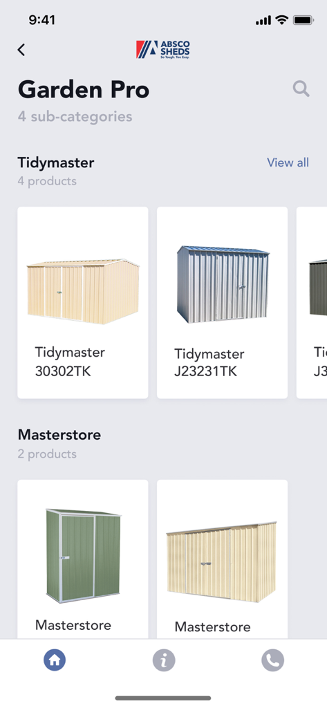 Absco Sheds Assembly App - Mobile app interface showing a catalog of Absco garden sheds including Tidymaster and Masterstore models