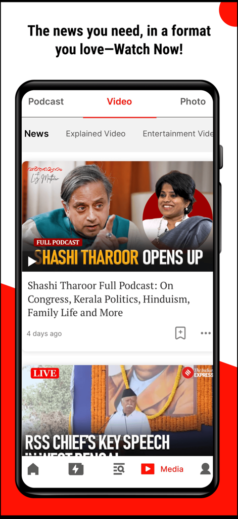 Indian Express News + Epaper - The Indian Express app video interface showing a political podcast interview and news coverage