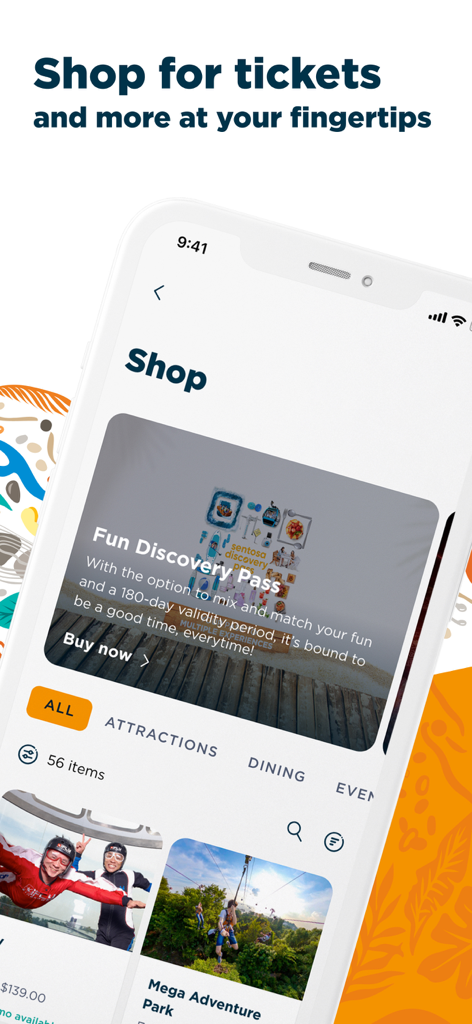 MySentosa - Interfaz de la aplicación MySentosa mostrando la sección de compras para adquirir entradas a atracciones y pases de descubrimiento