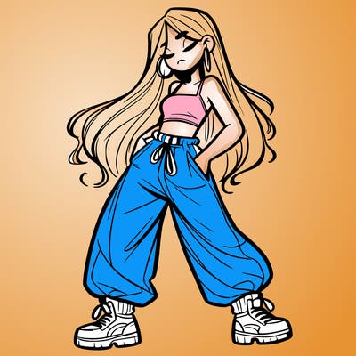 girl in baggy pants crop top and long hair