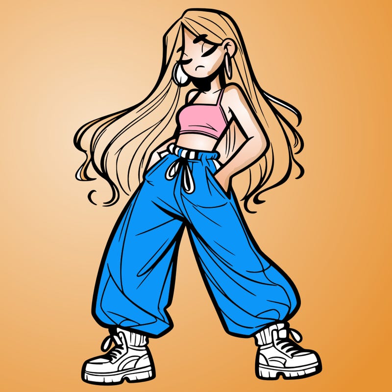 girl in baggy pants crop top and long hair