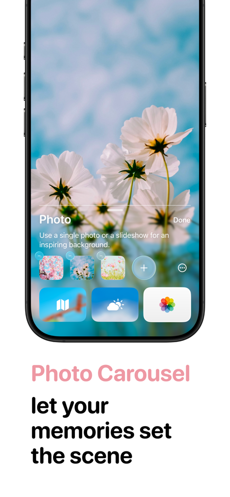 Ben Journal Digital Diary - Una pantalla de teléfono que muestra la función de carrusel de fotos de la aplicación Ben Journal para configurar un fondo de diario personalizado.