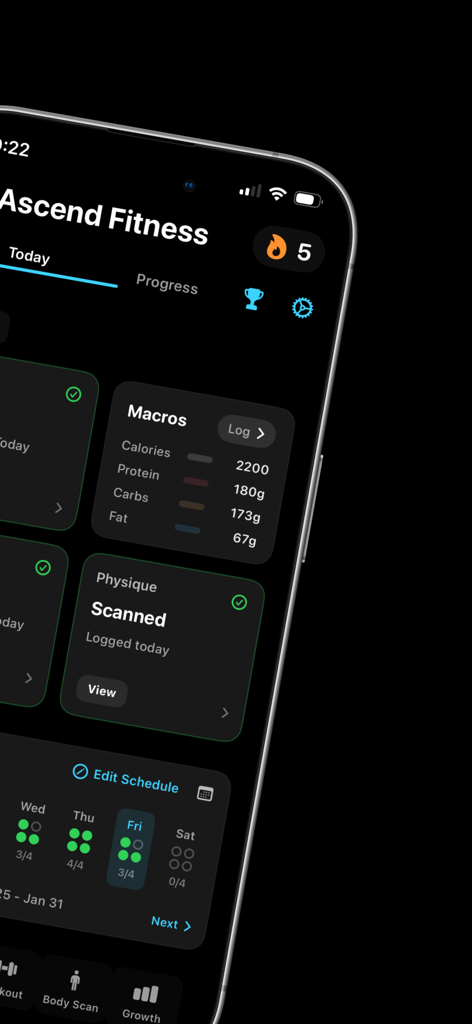 Ascend Fitness-Calories/Gym - Ascend Fitness mobile app dashboard displaying daily calorie and macro tracking with a weekly workout schedule