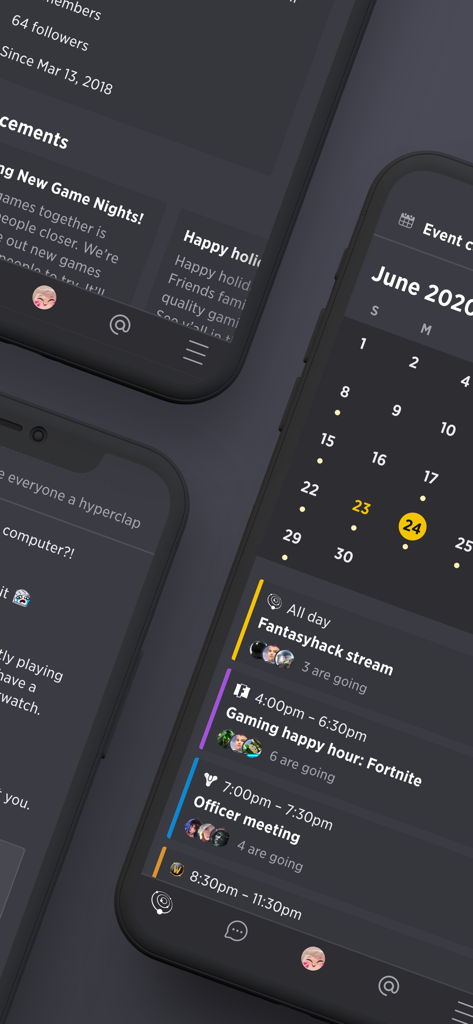 Guilded - community chat - Interface of Guilded app showing a community calendar with scheduled gaming events including Fortnite happy hour and streams