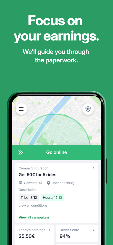 Interface de l'application Bolt Driver affichant les gains quotidiens et les campagnes de courses