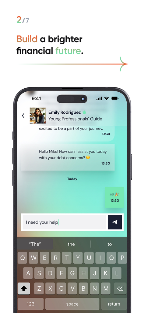 AI Finance Advisor - Interface de l'application Conseiller Financier IA montrant un utilisateur discutant avec un guide financier virtuel de la gestion de la dette.