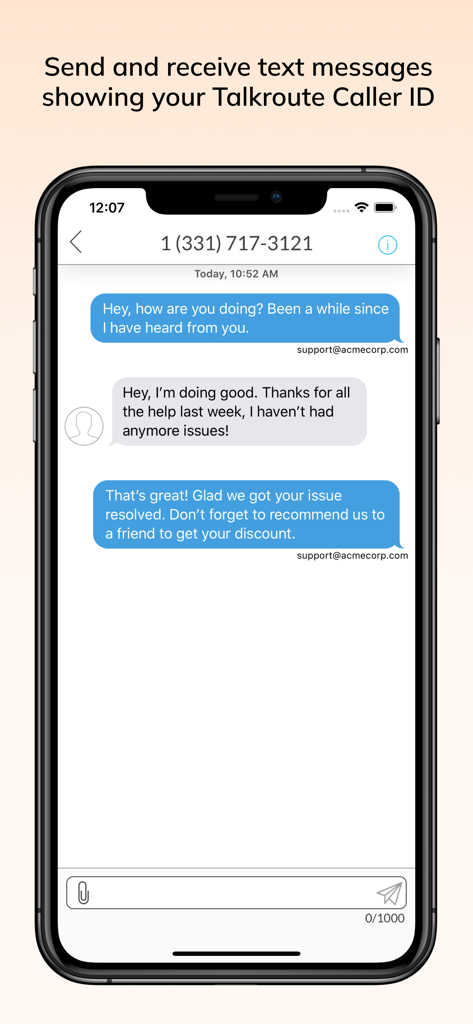 Smartphone screen displaying the Talkroute app text messaging interface with custom business caller ID