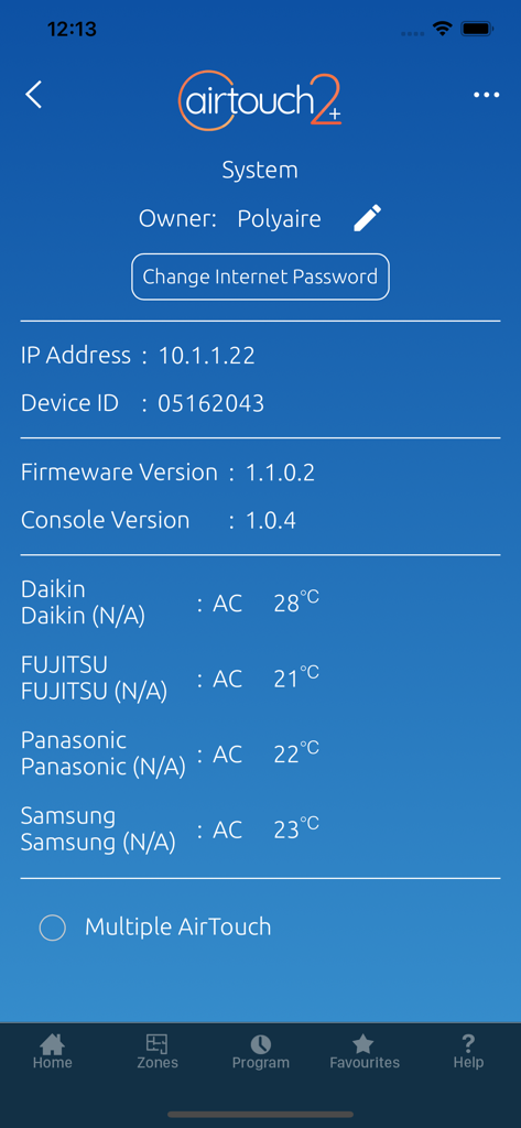 Der AirTouch 2 plus App System-Einstellungen-Bildschirm, der Geräteinformationen und aktuelle Temperaturen für angeschlossene Klimaanlagen wie Daikin und Fujitsu anzeigt.