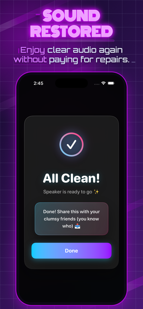 Water Eject | Speaker Cleaner - iPhone screen showing a success message for speaker cleaning with neon cyberpunk aesthetic