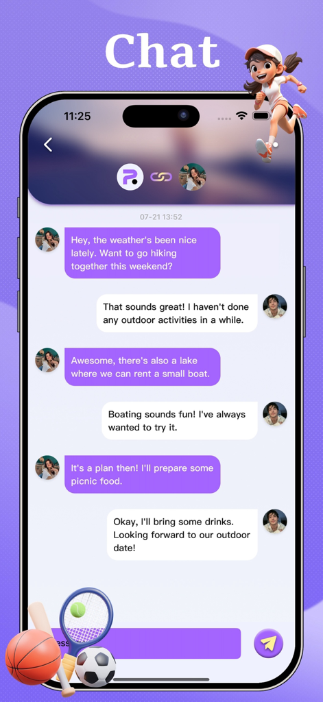 Jogy - Live Chat Fun, Discover - A mobile interface of the Jogy app showing a live chat conversation between two users planning an outdoor hiking trip.