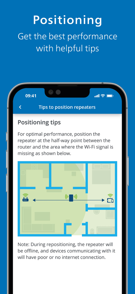 Home Network - A screen from the devolo Home Network app showing a home floor plan with tips on optimal Wi-Fi repeater placement.