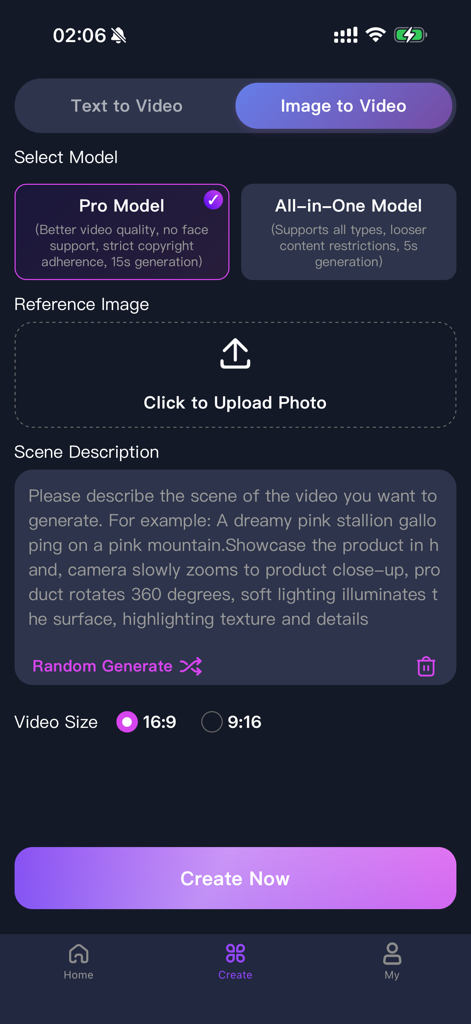 AI VidEff - Magical Video - AI VidEff app screen showing the image to video creation tools including model selection and scene description