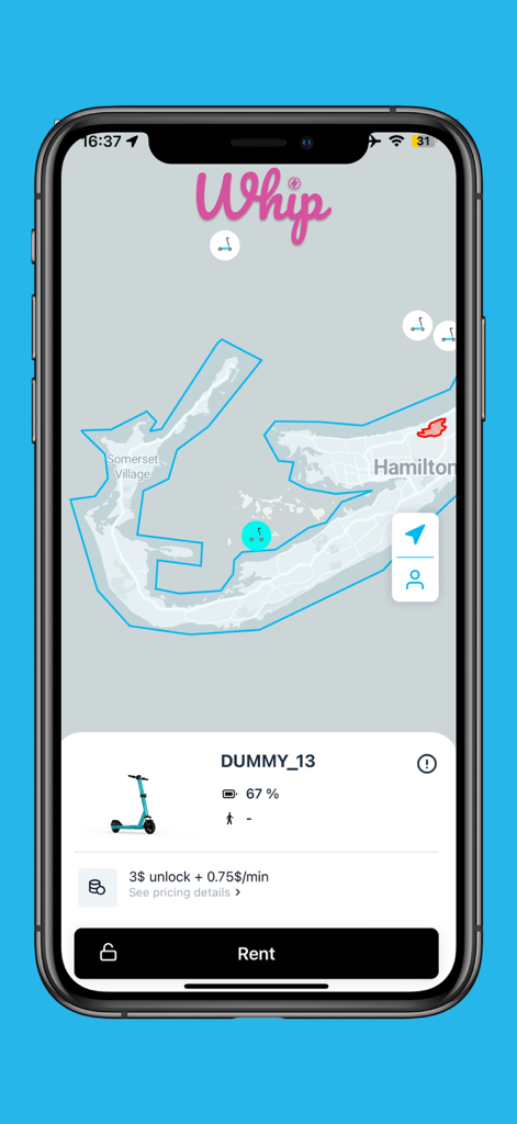 Whip Rideshare - Whip Rideshare app screen showing a map of Bermuda with available electric scooters for rent.