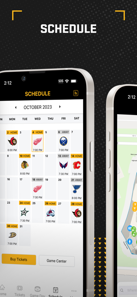Interface of the Pittsburgh Penguins mobile app displaying a monthly game schedule calendar with team logos and a buy tickets button.