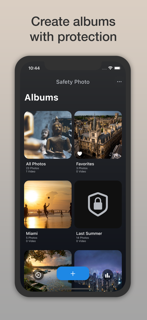 Safety Photo+Video Pro - Mobile app interface showing organized photo albums with a security lock icon on a private folder